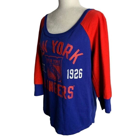 NHL New York Rangers Pullover Knit Top L Blue Red Raglan Sleeves Scoop Neck - Picture 5 of 6